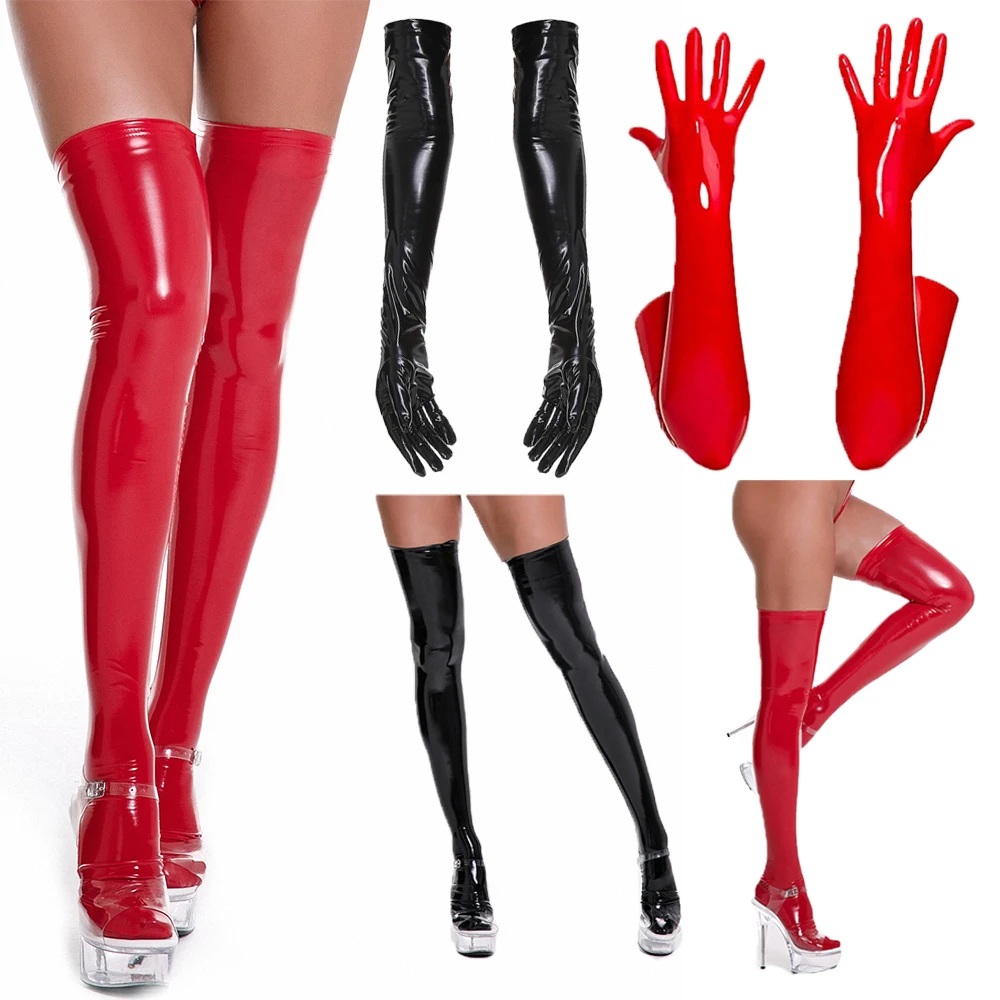 

Women Sexy PU Leather Wet Look Long Gloves Stockings Female Shiny Mittens High Stockings Full Finger Gloves Party Nightclub Wear