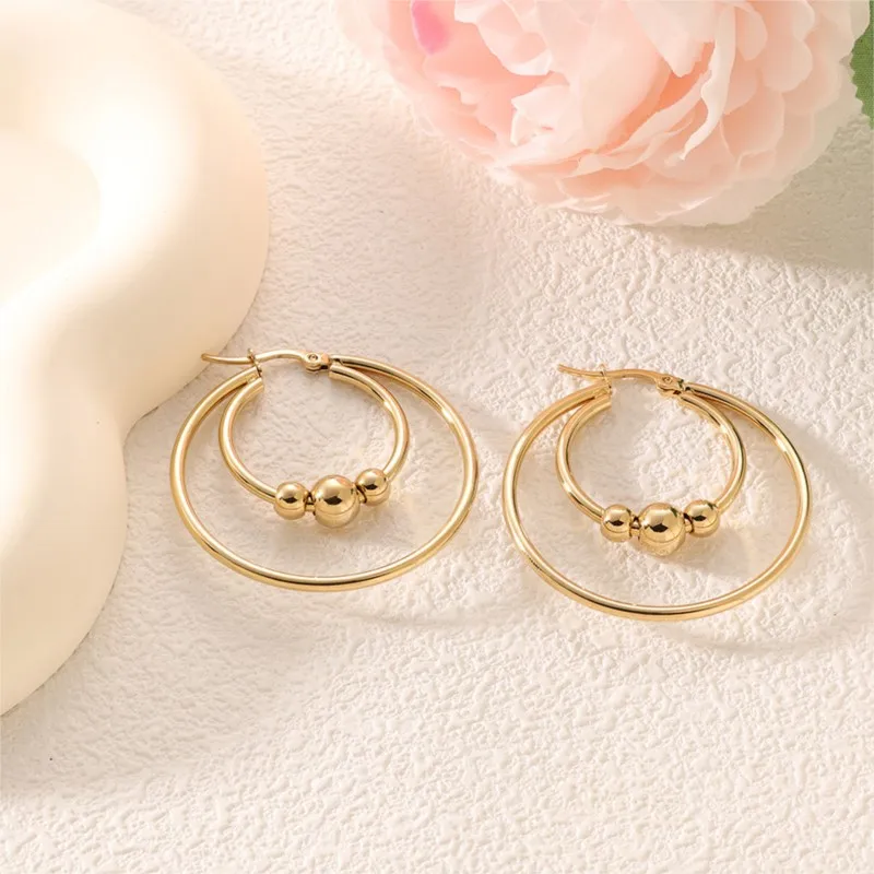 Stainless Steel Exaggerated Round Bead Hoop Earring for Women Men Smooth Design Vintage Double Rings Earring Personality Jewelry