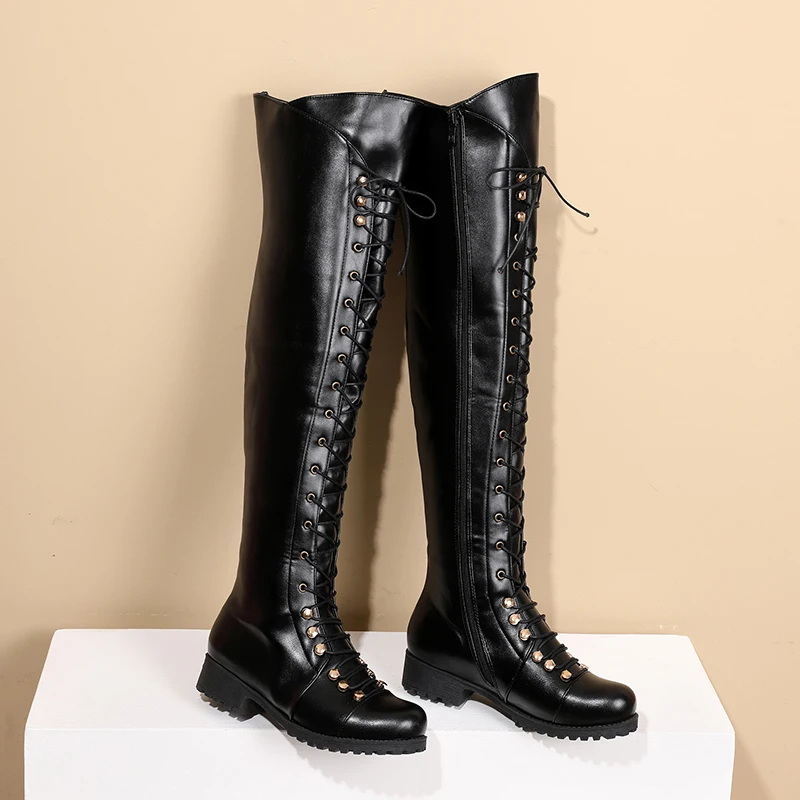 Rivet Metal Round Hole Cross Lace Up Thick Heel Long Tube Women's Boots Side Zipper Plush Inside Over-the-Knee Boots 2022 Winter