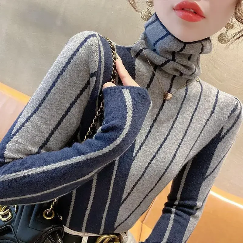 

Осенне-зимние облегающие полосатые вязаные топы с высоким воротником модные элегантные пуловеры с длинным рукавом Футболка женская одежда ZL167