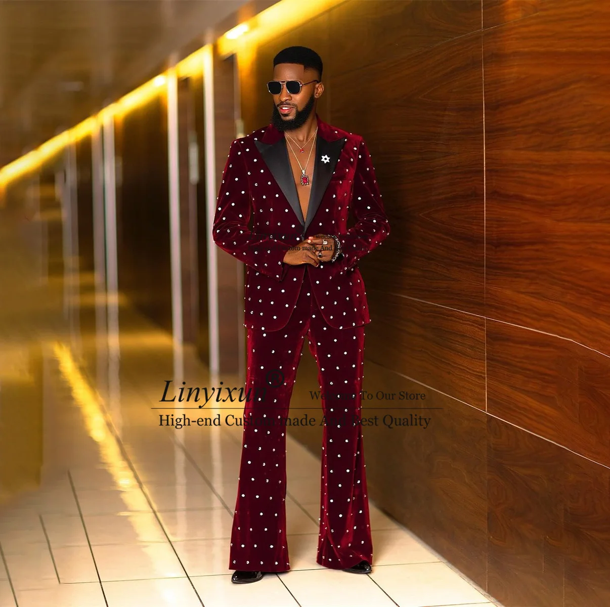 

Luxury Velvet Men Suits Diamond Beaded Wedding Groom Tuxedos Slim Shawl Lapel Male Prom Blazers 2 Pieces Set traje hombre