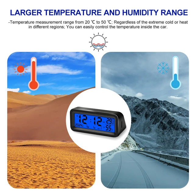 Solar Car Digital Clock Date Week Temperature Humidity LCD Backlit Display for Dashboard Car Clock Automobiles Internal Stick-On 4
