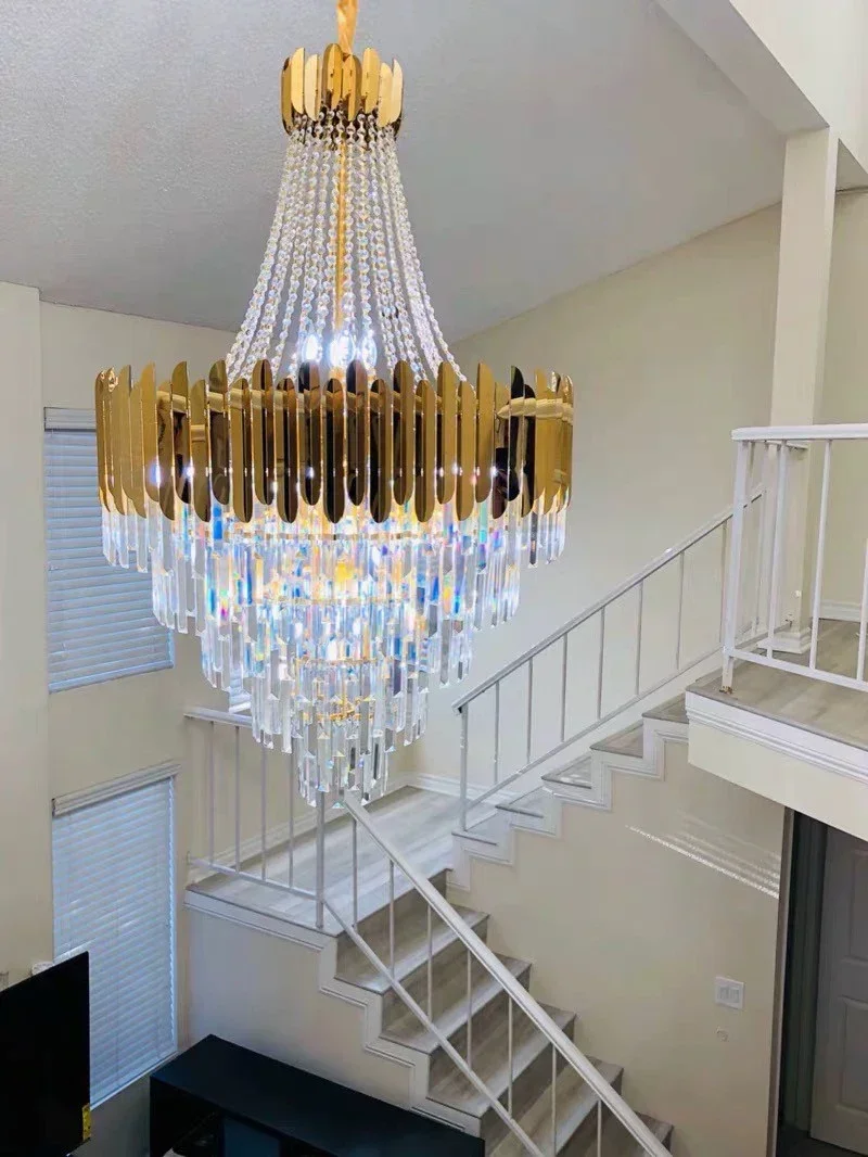 Luxury Crystal Chandeliers Golden Large Hanging Lamps Lobby Villa Staircase Pendant Lights for Room Decor Lustre LED Luminaires