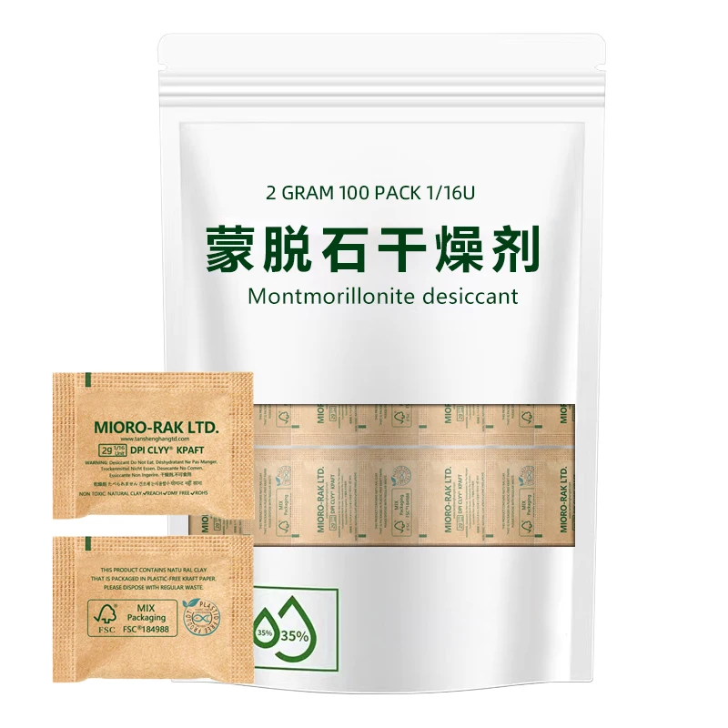 2Gram 100Pack 1/16U Montmorillonite Kraft Clay Desiccants Packs for Storage Silica Gel Packets Alternative, Food Safe Bentonite