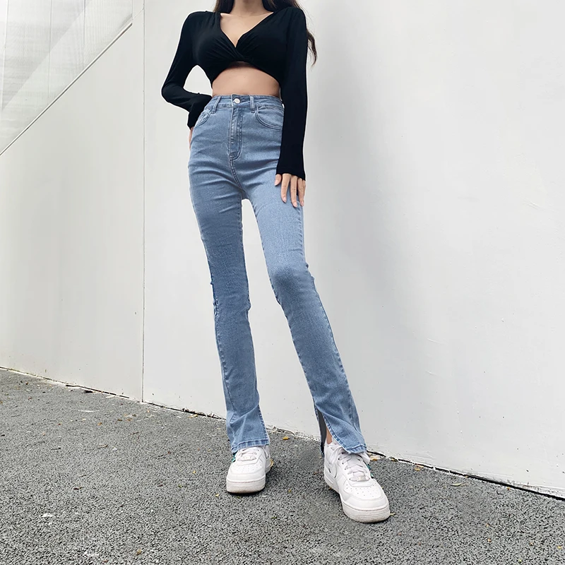 2021 High Waist Split Pencil Tight Denim Pants Women Stretch Jeans  Skinny Trousers Flared Pants Women Casual Bell Bottom Jeans