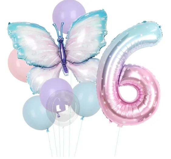 Neue Schmetterlings-Themen-Geburtstagsparty-Artikel: Schmetterlings-Tischgeschirr, Teller, Becher, Servietten, Tischdecke, Party-Deko, Ballons, Papa-Armband – Detail 27