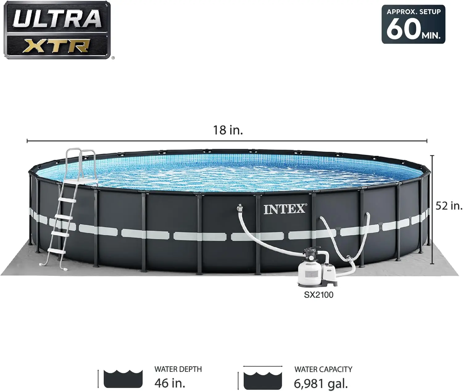Frame 18' x 52" Above Ground Swimming Pool with Sand Filter Pump, Ladder, Cover, & Maintenance Accessory Kit wit
