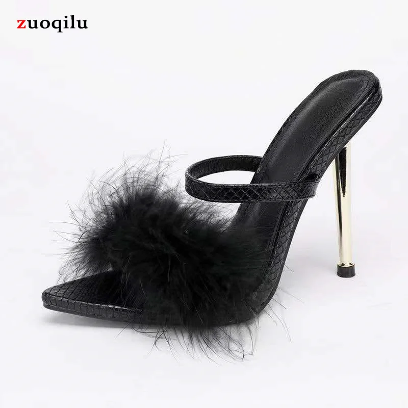 woman furry pump Slippers Fluffy Pointed Toe sandals Party Dress Shoes white Fur Slides Heels For Women Super high heel 12cm