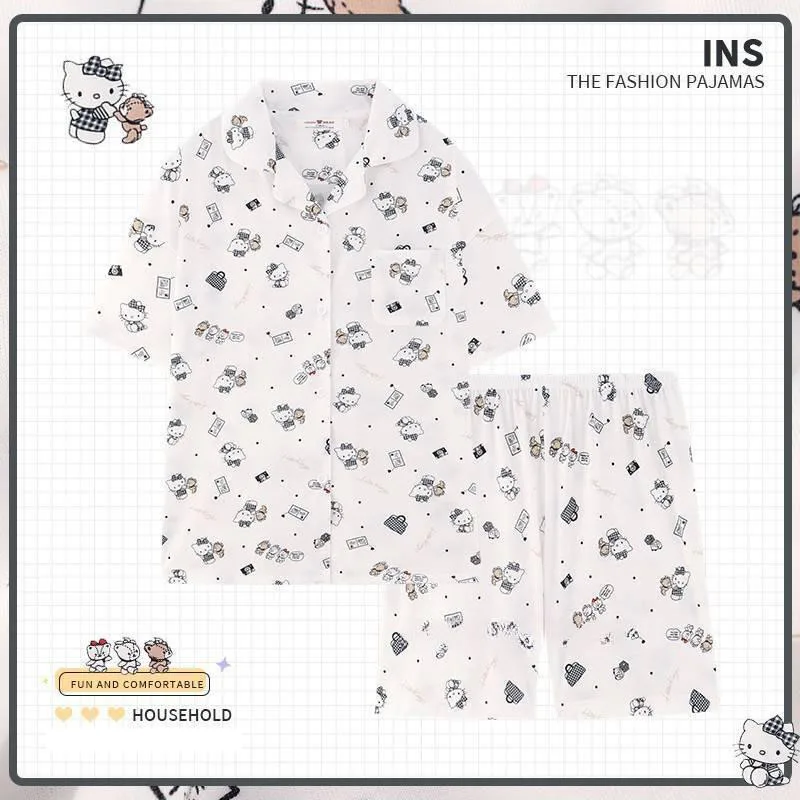 

Sanrio Kitty Cat Pure Cotton Pajamas New Summer Style Short Sleeve Shorts Kawaii Fashionable and Comfortable Home Clothes