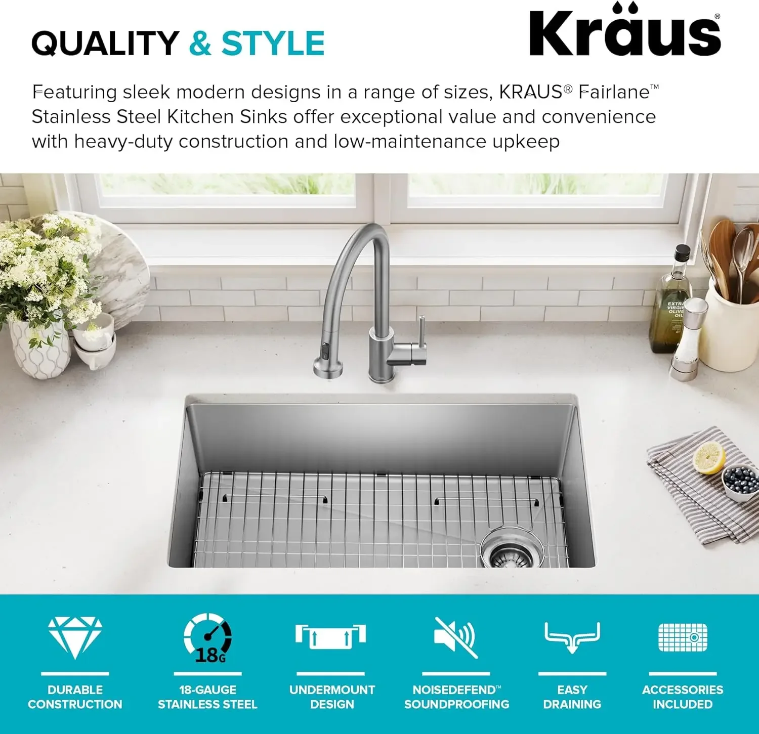 NEW-Fairlane 33-inch Undermount Single Bowl 18-Gauge Stainless Steel Kitchen Sink, KHU640-33