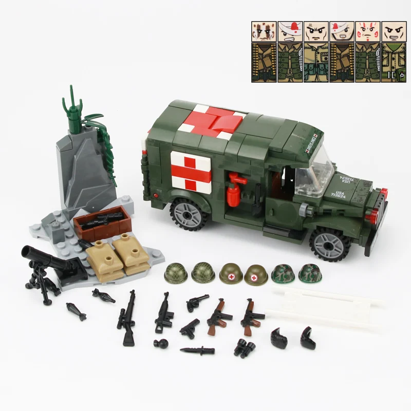 WW2 Military US Ambulance Building Blocks America Wounded Army Soldier Figures Weapons Helmet Bricks Toys For Children