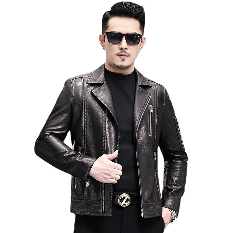 CowhideMotorcycleJacketsLuxuryMensGenuineLeatherJacketsBlackShortHighQualitySpring