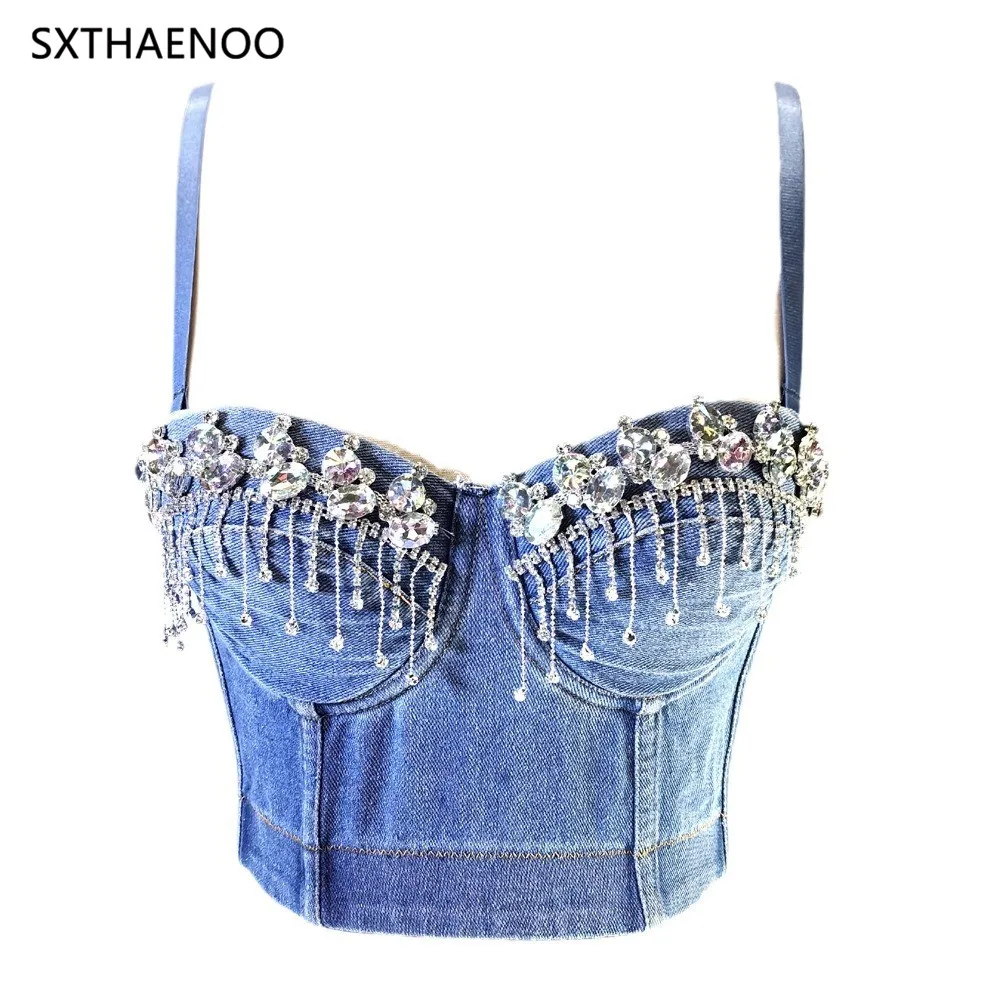 

SXTHAENOO 2024 New Women Sexy Fashion Crop Top Denim Diamond Strapless Vest Summer Bustier Bra Night Club Party Tank Top Female