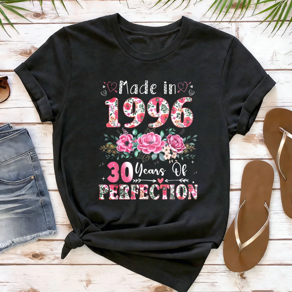 Hergestellt im Jahr 1996, T-Shirt für Damen, 30 Years of Perfection, T-Shirt mit Blumenmuster, Geschenk zum 30. Geburtstag, Baumwolle, kurzärmelig, O-Ausschnitt