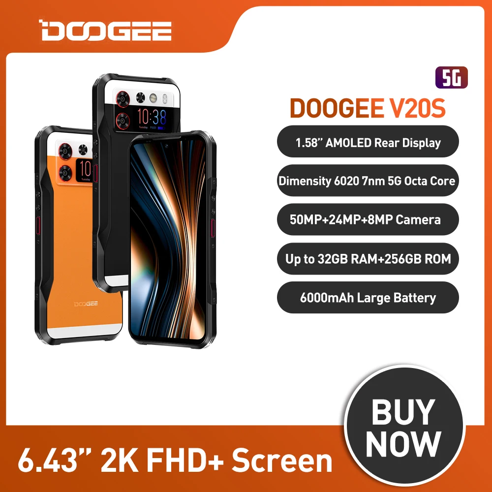 Doogee V20S Rugged Phone 5G 12Gb + 256Gb Octa Core 6.43 Pollici 2K Fhd + Schermo Amoled 50Mp Ai Tripla Fotocamera Smartphone Android 13 Nfc