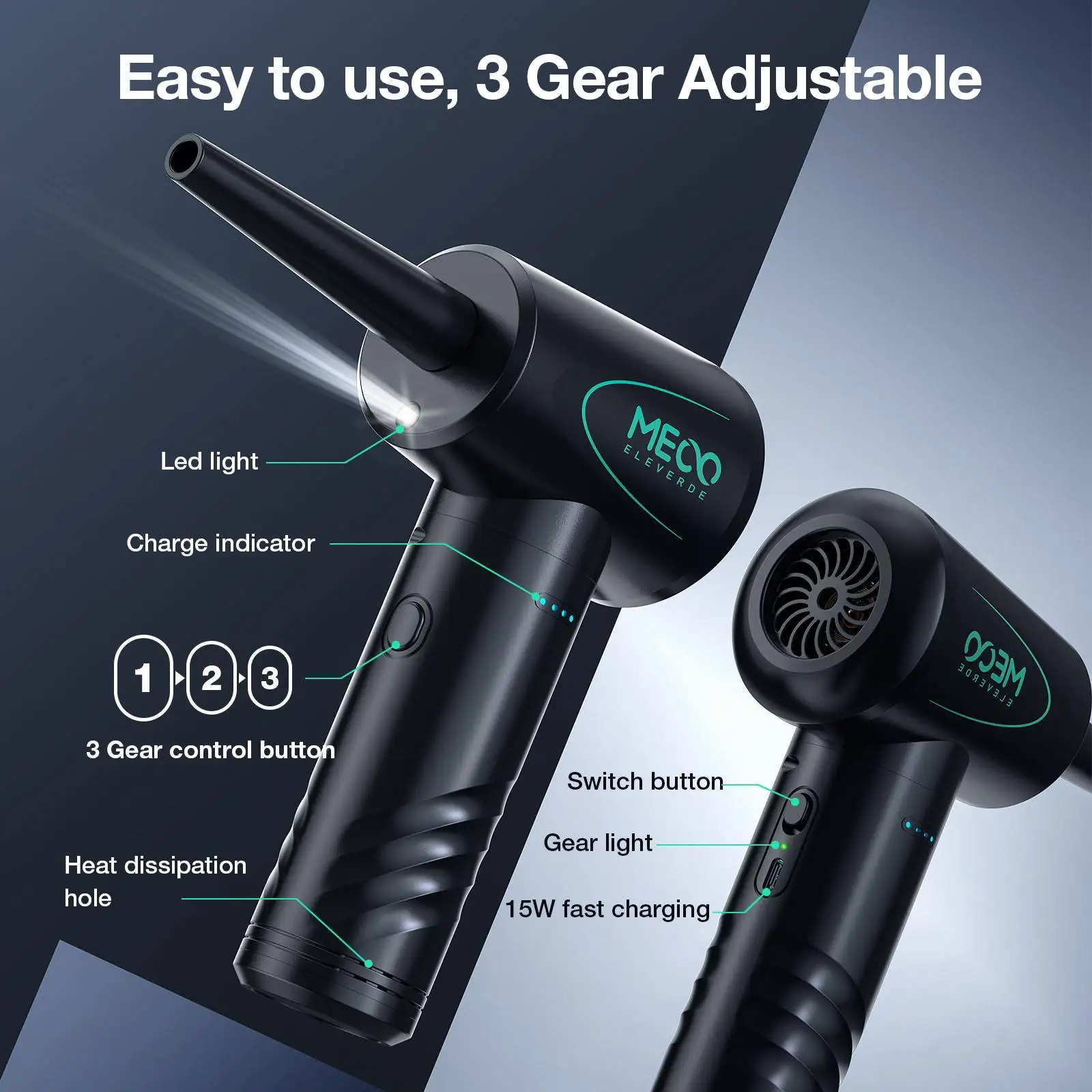 Compressed Air Duster 100000RPM Cordless Air Blower for Keyboard Cleaner 3 Speed Electric Air Duster with LED Light Rechargeable 5