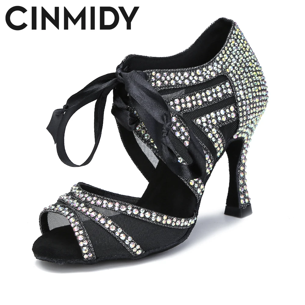 CINMIDY Ballroom Dance Shoes With Rhinestone Salsa Tango Shoes For Dancing High Heels Latin Dance Shoes Woman Indoor Sandals 2
