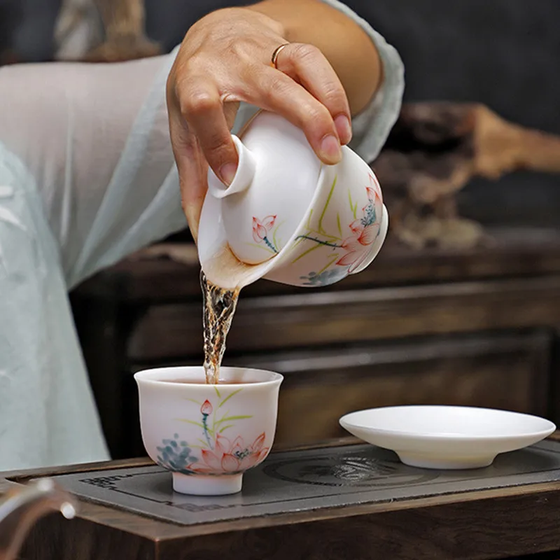 140m Chinese Handmade Ceramic Gaiwan Suede Jade Porcelain Tea Tureen Hand-painted Flowers Teacup Tea Bowl Travel Teaware