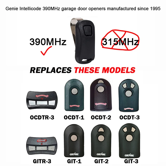 Genie G1T-BX Intellicode 38501R GIT-1 GIT-2 GIT-3 GITR-3 B8QACSCT B8Q315390T Garage Door Opener Remote Control 1 Channel 390MHz 2