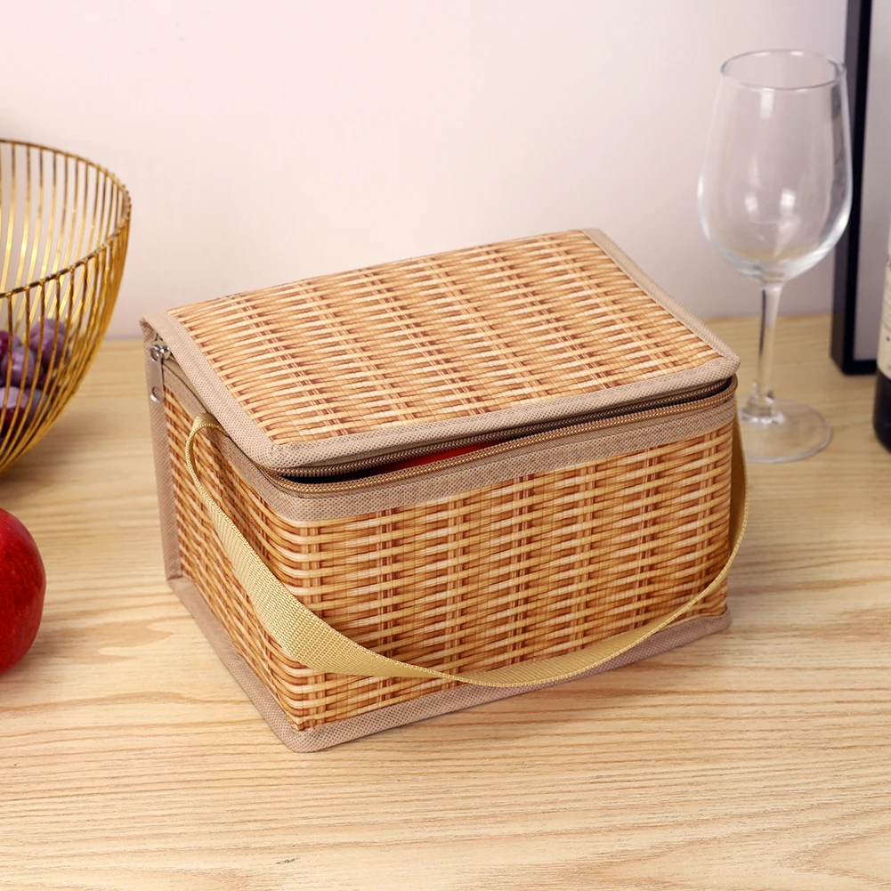 Outdoor Wicker Rattan Picnic Bag Waterproof Tableware Camping Picnic Baskets
