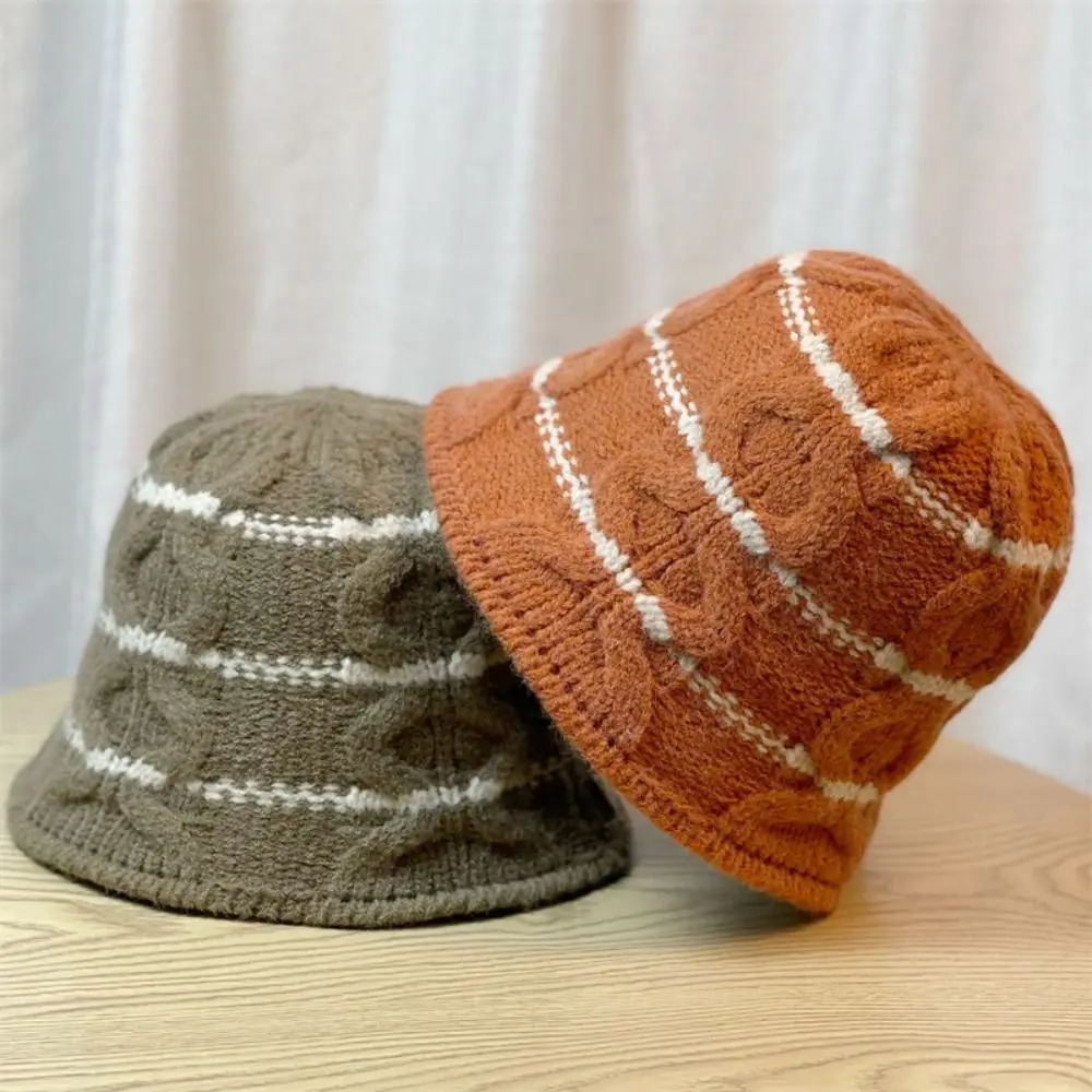 

Woolen Knitted Bucket Hat Fashion Striped Soft Thick Cap Warm Thicken Round Top Winter Beanie Autumn Winter