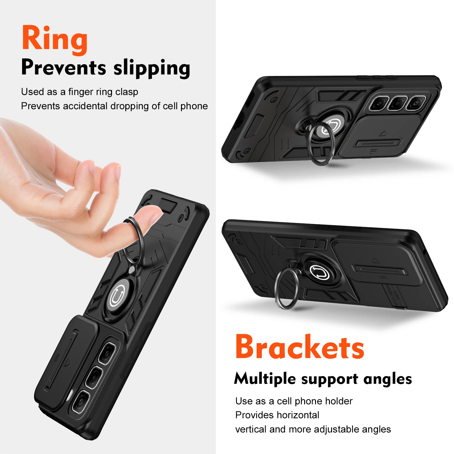 Hybrid Armor Shockproof Phone Case with Sliding Window and Metal Ring Holder