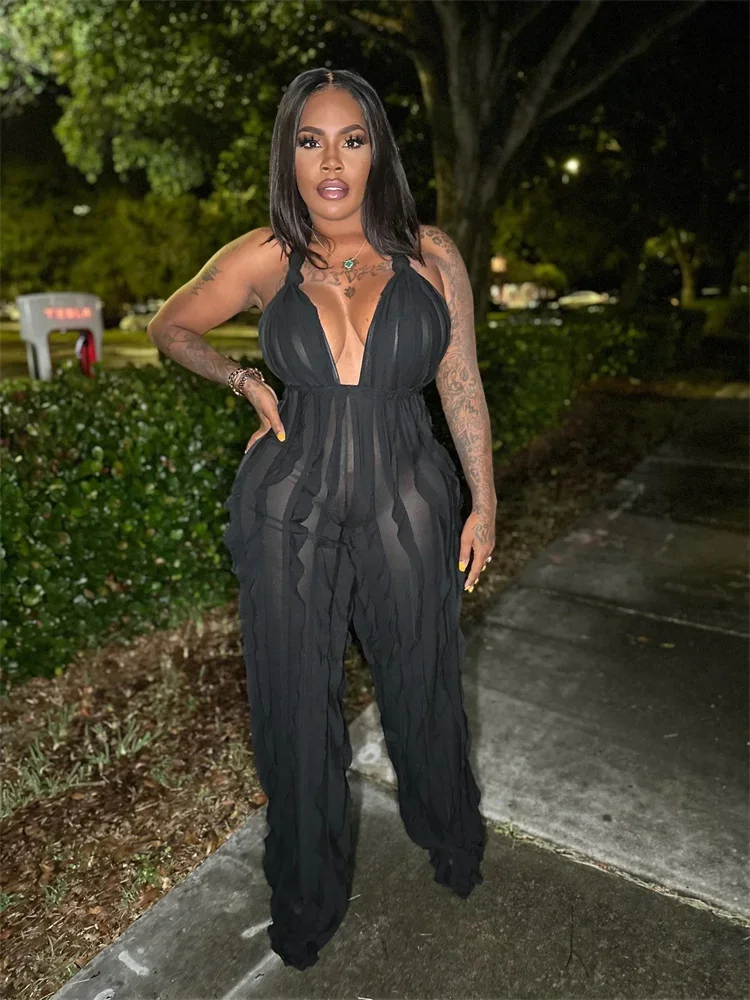 Wmster Jumpsuit Women Sexy Party Club Romper Ruffles Halter Backless Sleeveless Wide Leg Playsuit New Wholesale Dropshipping