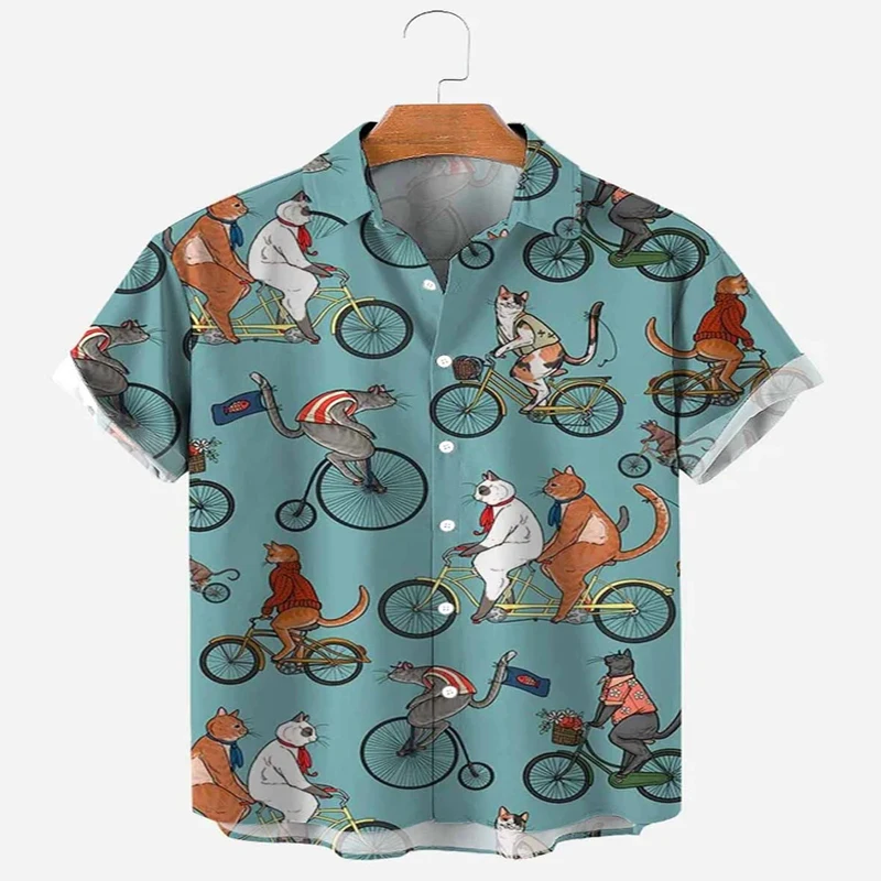 A Cat Rides Bicycle Short Sleeve Shirt 3D All Over Printed Hawaiian Shirt for Men and Women Casual Shirt Unisex