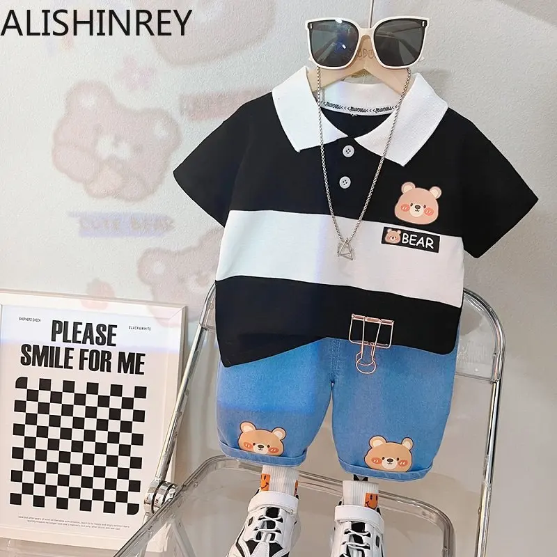 

ALISHINREY Turn-Down Collar Boys Clothes Set Summer 2023 New Fashion Style Cotton Cartoon High Quality Child Suit Kids Costum