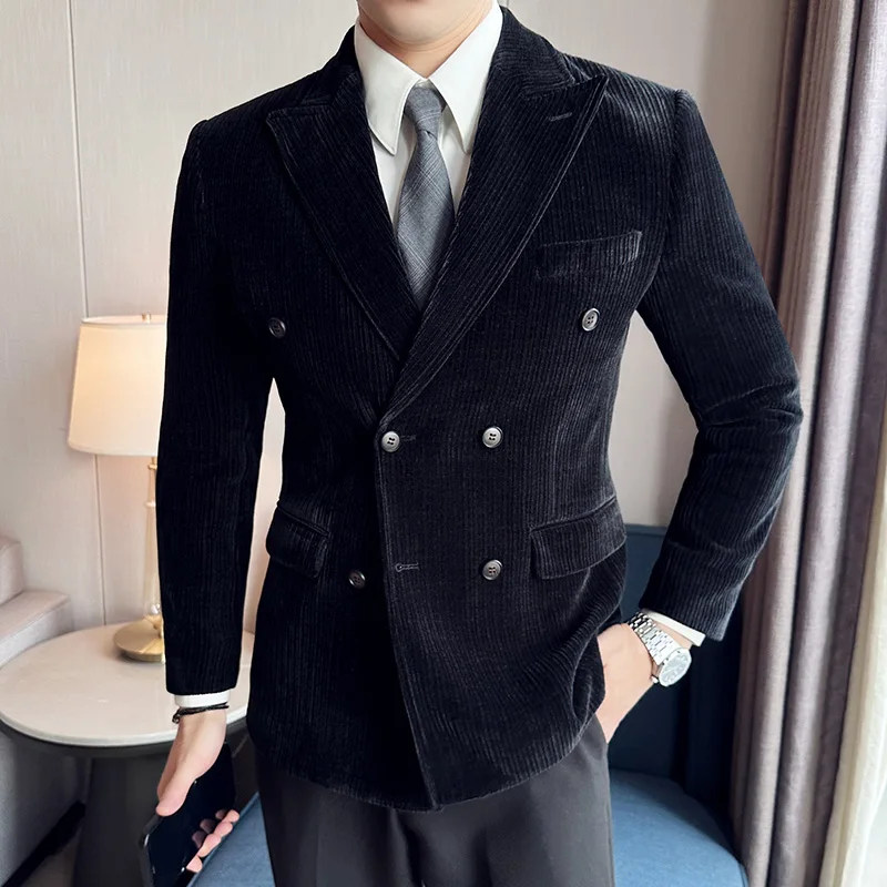 

British Style Men Blazers Double-breasted Business Casual Suit Jacket Corduroy Tailored Tuxedo for Men Coat Social Men Clothing