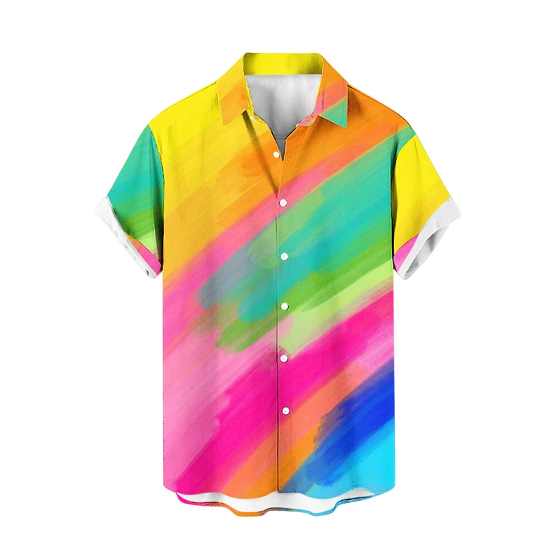 Camisa hawaiana con estampado 3D de rayas de colores para hombre, camisas de playa con plantas para vacaciones de verano, camisas de manga corta con botones para parejas de calle