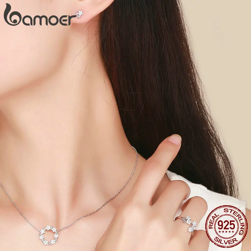 BAMOER 주얼리 세트 클리어 큐빅 지르콘 빛나는 스타 목걸이 여성 반지 쥬얼리 세트 럭셔리 쥬얼리 ZHS097