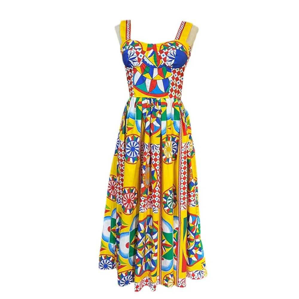 

High Quality Designer Summer Beach Women's Bohemia Cotton Multicoloured Print Crumple Slim Fit Midi Dress