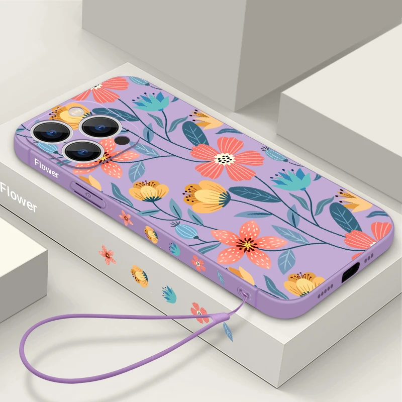아이폰용 꽃 소프트 실리콘 랜야드 케이스, 충격 방지 범퍼 스트립, 휴대폰 커버, 15 프로 맥스, 12, 13, 14, 11 프로 맥스, XR, XS, X, 7, 8, SE 