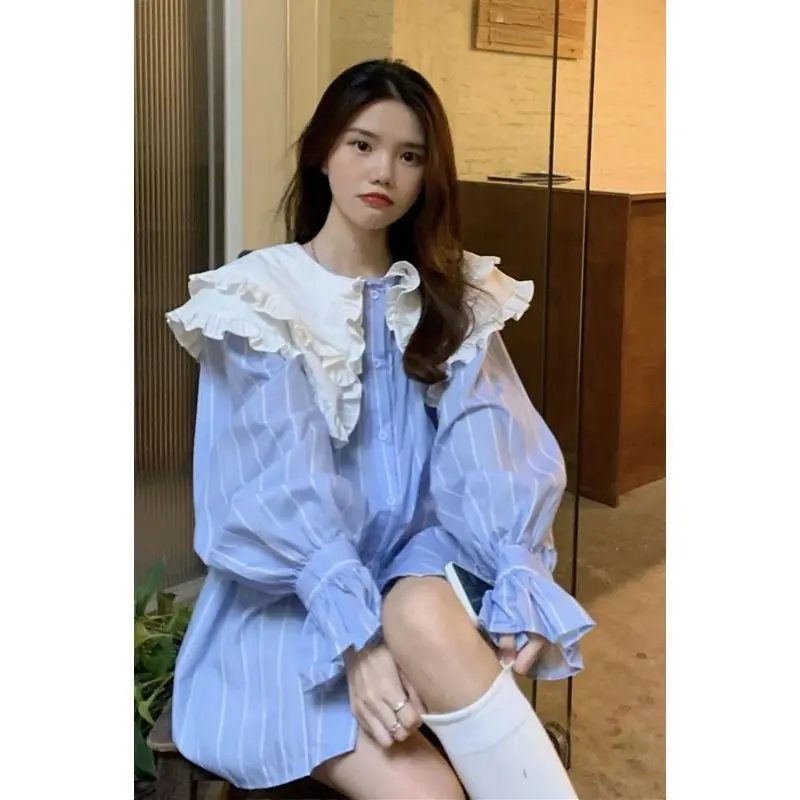 

Spring Autumn Ruffles Peter Pan Collar New Temperament Women Shirt Stripe Patchwork Contrast Color Long Sleeve Preppy Top Mujer