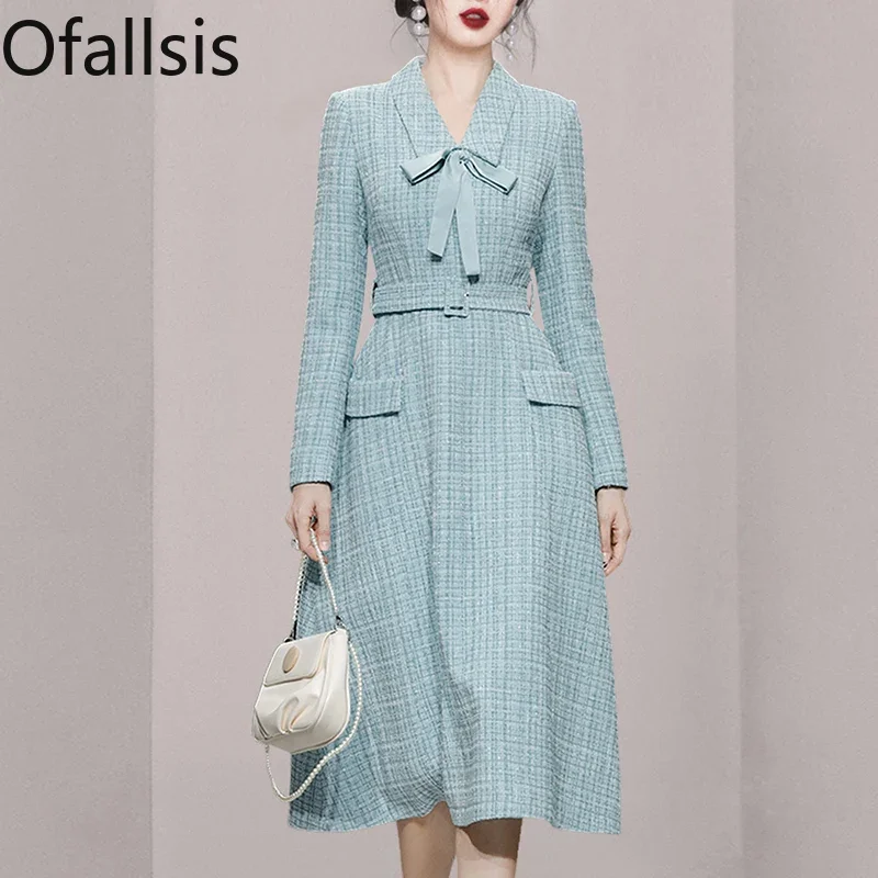 

Ofallsis Grey Blue Turn down Neck Tweed Waist Slim Suit Dress 2023 Autumn Winter Women's New Elegant Temperament Long Dresses