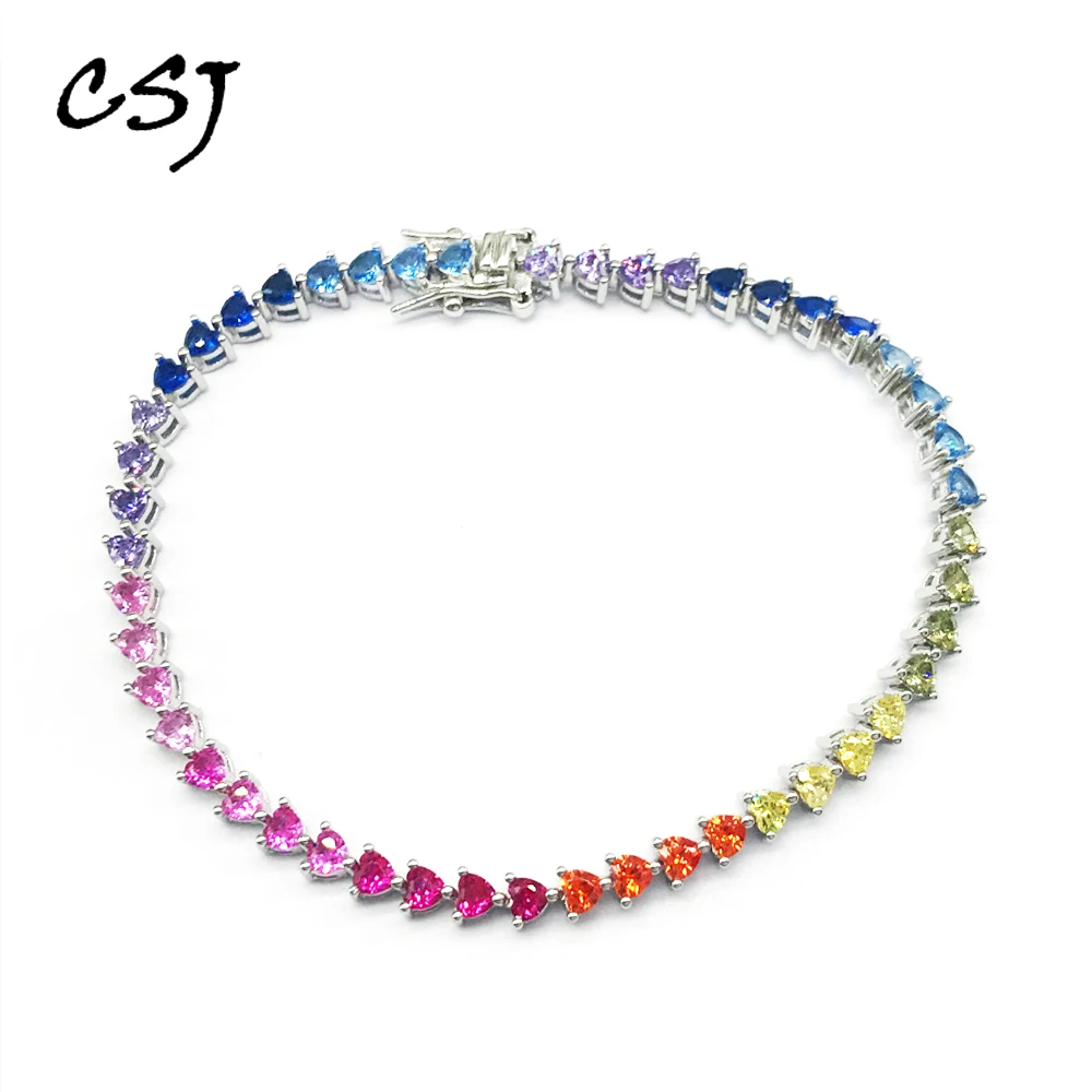 

CSJ Real 925 Silver Tennis Bracelet 18CM Setting Pave Sparkly Colorful Zircon Chain for Women Girl Party Birthday Jewelry Gift