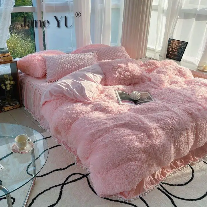 JaneYU Padded Warm Milk Velvet 4Pcs Bedding Set Double-sided Coral Velvet Mink Velvet Plus Velvet Quilt Cover Bed Sk