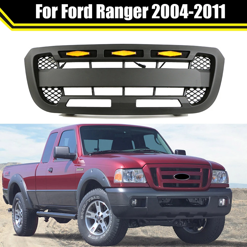 Car Modified ABS Front Bumper Mask Grille Racing Grill with LED Lights Auto  Exterior Parts Black For Ford Ranger 2004-2011