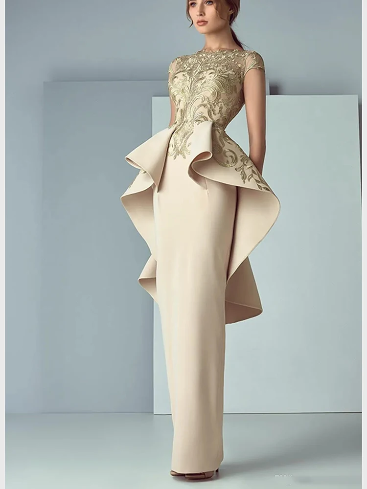Champagne Sweep Train Ruffles Sheer Bateau Neck Mother of the Bride Dress Occasion Formal Party Wedding Summer 2023