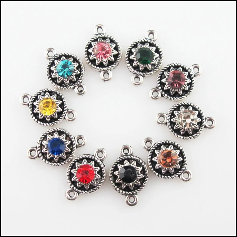 Fashion 20Pcs Mixed Crystal Tibetan Silver Plated Flower Charms Connectors 9x14mm