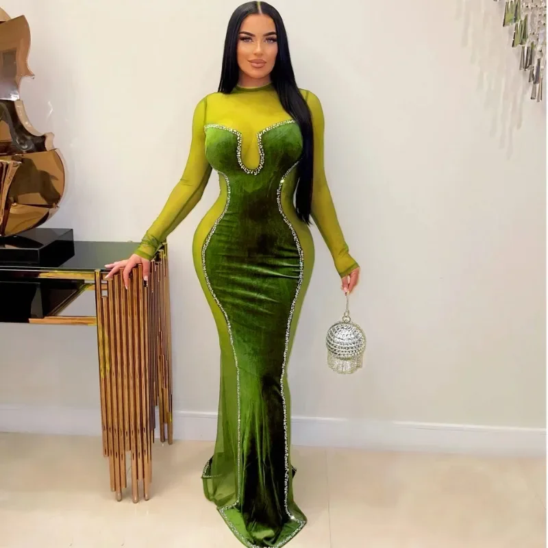 

Sheer Mesh Patchwork Diamonds Velvet Bodycon Maxi Evening Party Dress Women Sexy See Through Long Sleeve Banquet Robes Clubwear