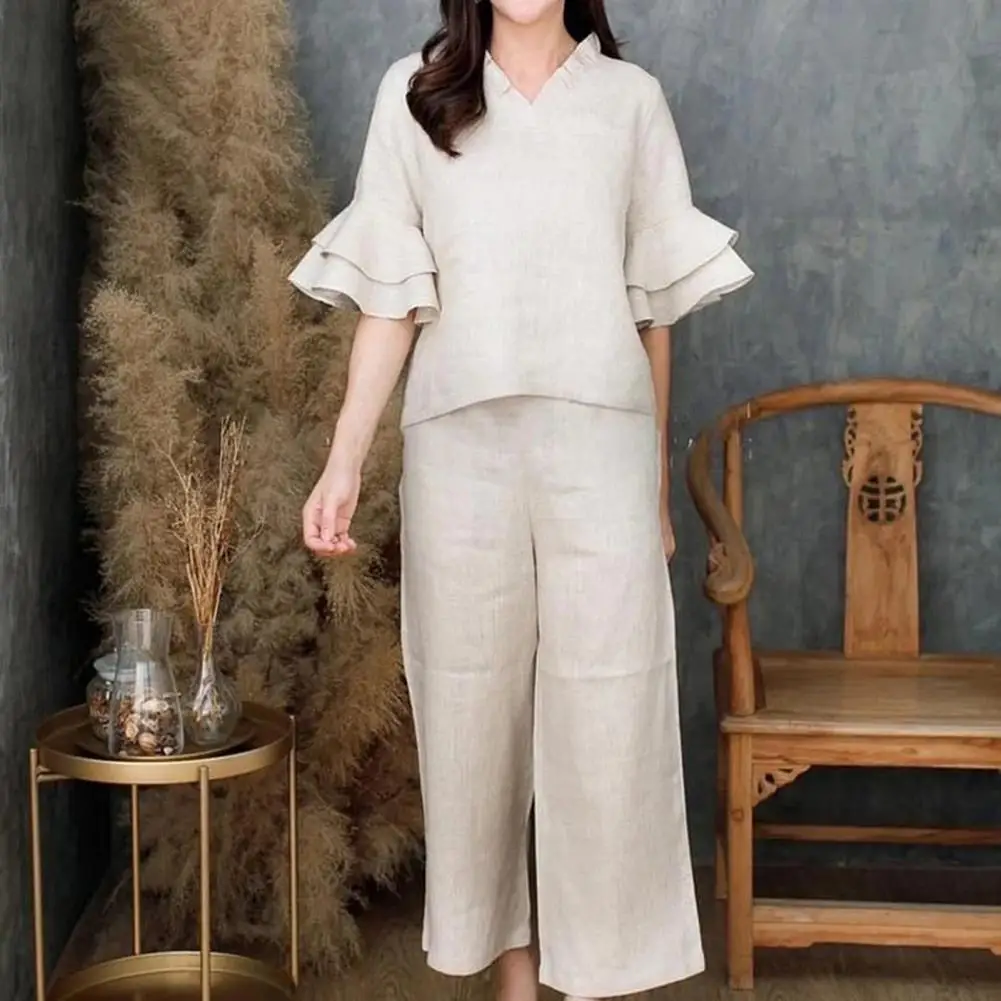 

Women Breathable Outfit Stylish Women's V Neck Ruffle Sleeve Top Pant Set Plus Size Casual Solid Color Loose Summer Trousers Set