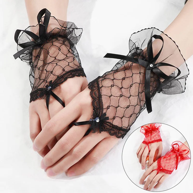 

Wedding Lace Brides Fingerless Short Gloves Women Girls Beautiful Pretty Bowknot White Black Gloves Party Decoration