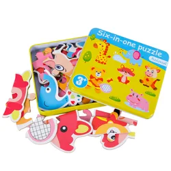 Children's Early Education Enlightenment Six In One Wooden Iron Box Cartoon Puzzle Children Early Educational Toy Learning Toys