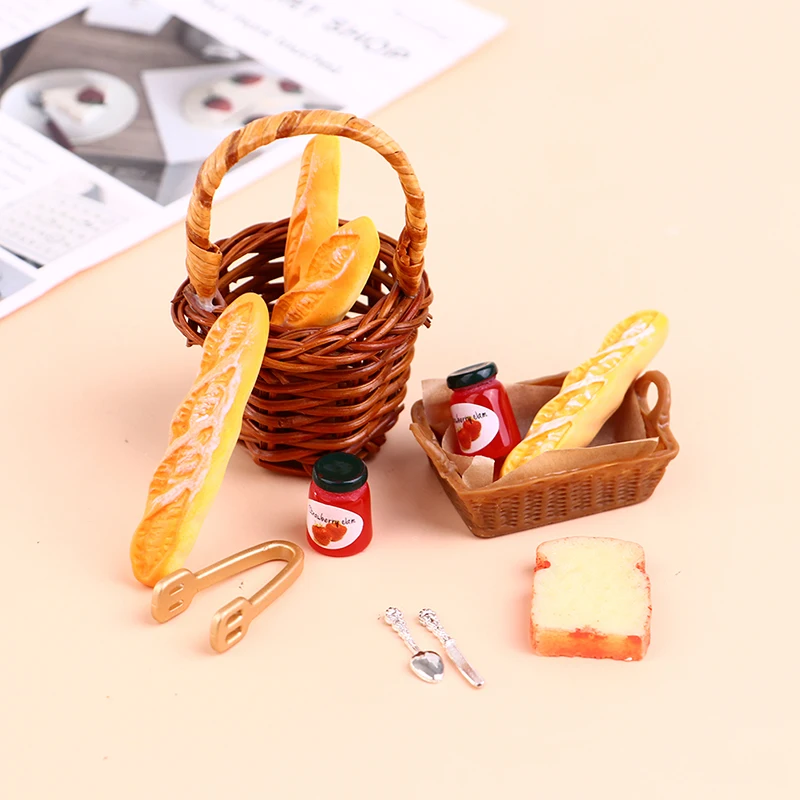 6/7Pcs 1:12 Dollhouse Miniature Food Mini Honey Bread Jam Basket Picnic Set Pretend Doll House Decor Accessories Kid Toys Gifts