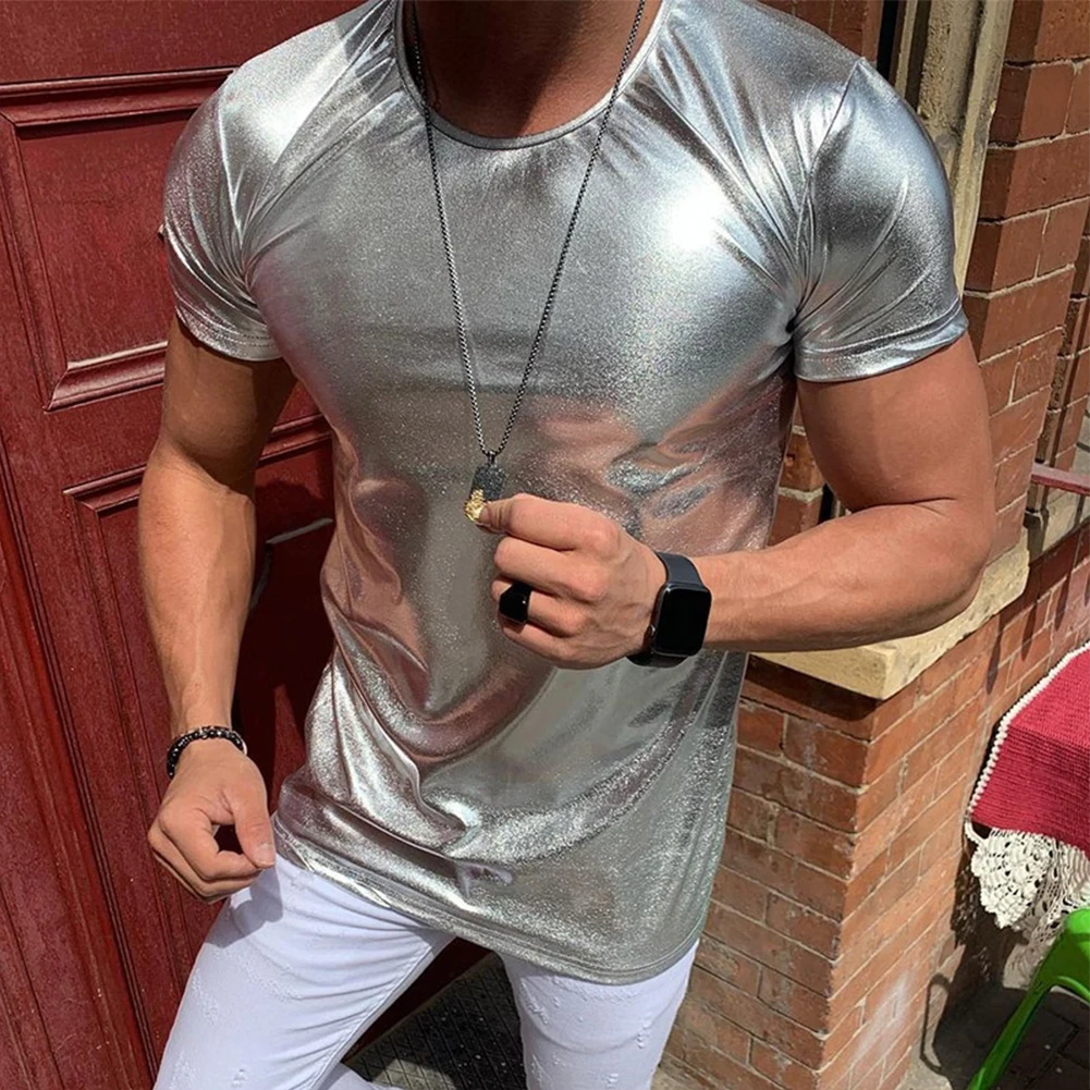 

Fashion Men's Shinny Wet Look Faux Leather T-Shirts Short Sleeve Tee Solid Black Silver Muscle Party Clubwear Tops T Shirt