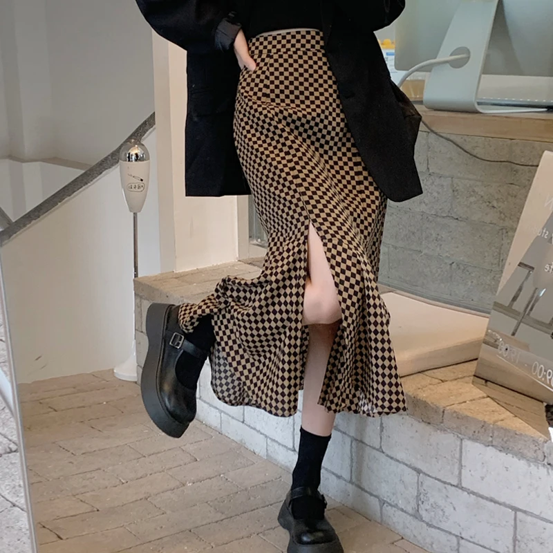 Slim Vintage High Waist Plaid Mermaid Skirt Women Split Autumn Mid Faldas Mujer Fashion OL Temperament Trumpet Sexy Street | Женская