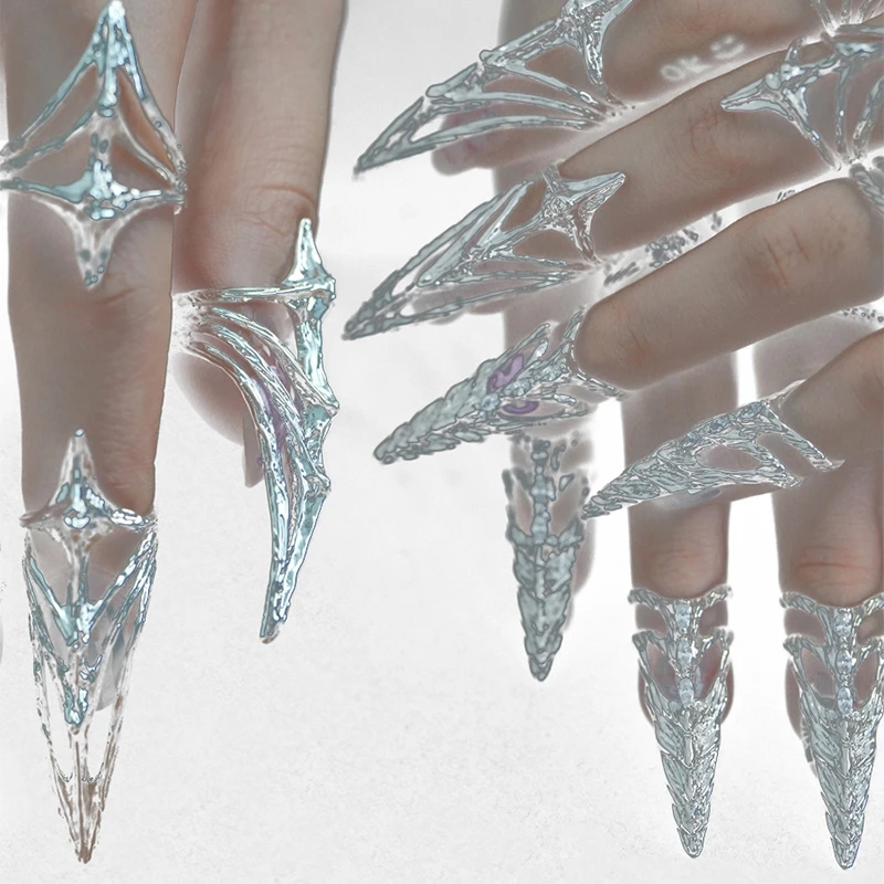 Punk Metall Nagel Abdeckung Knochen Ring Gothic Rock Maschinen Maniküre Fingertip Ring Multilayer Finger Ringe Cosplay Schmuck Set Geschenk