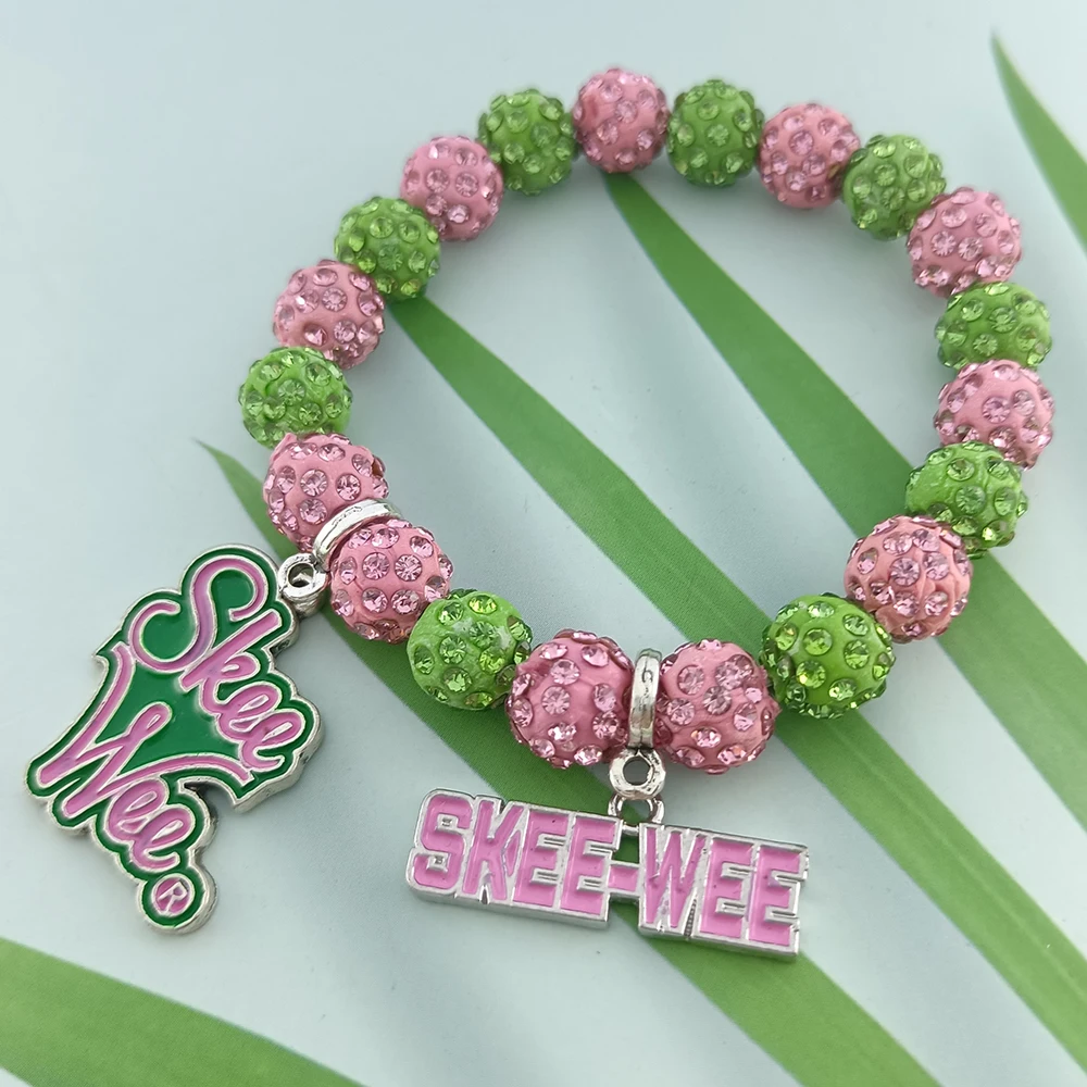 

Handmade New Arrivals Elastic Beads Greek Sorority Enamel Pink Green Metal Charm Bracelet Jewelry